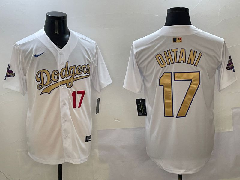 Men Los Angeles Dodgers #17 Ohtani White Champion gold character 2025 Nike MLB Jersey style 24->los angeles dodgers->MLB Jersey